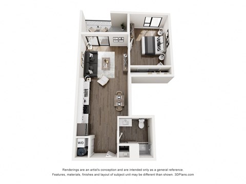 Floor plan for 1 bed, 1 bath, 697 sqft